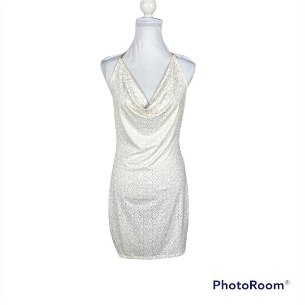 COOGI Y2K Mini Dress Sleeveless White Gold Geometric Logo Halter Tie Size S